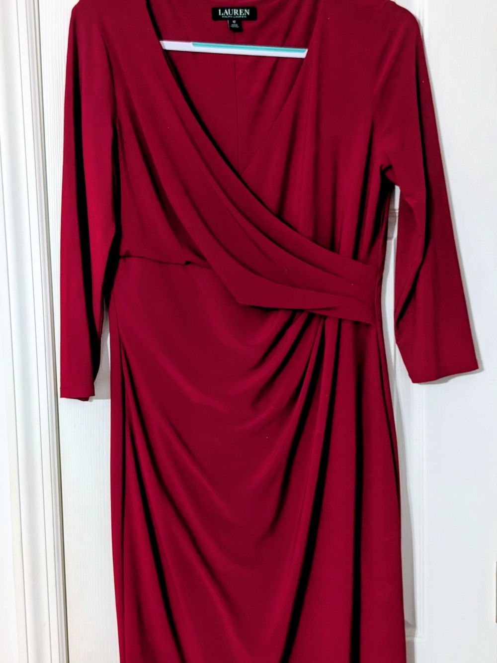 Ralph Lauren Wine Red Faux-Wrap Long Sleeve Dress